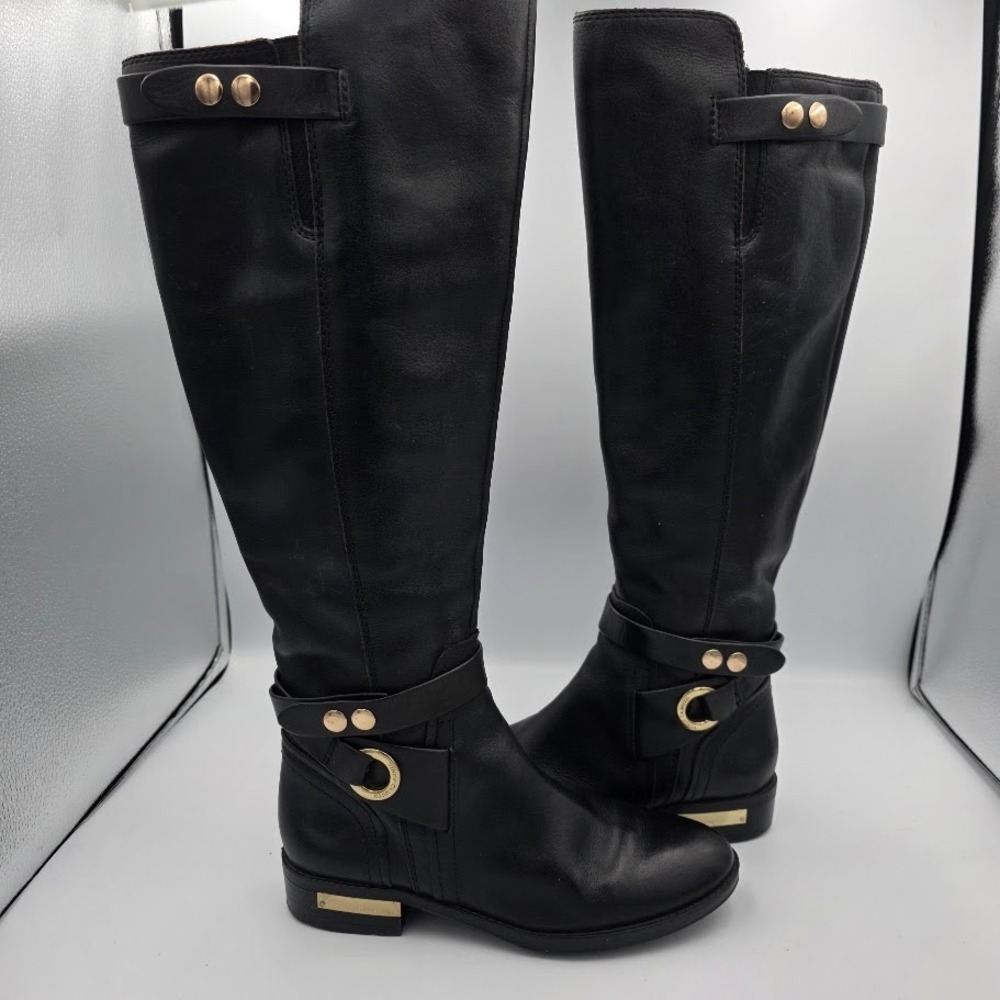 Vince Camuto Pearley Tall Riding Boots Gold Buckle Kneehigh Sz 5.5